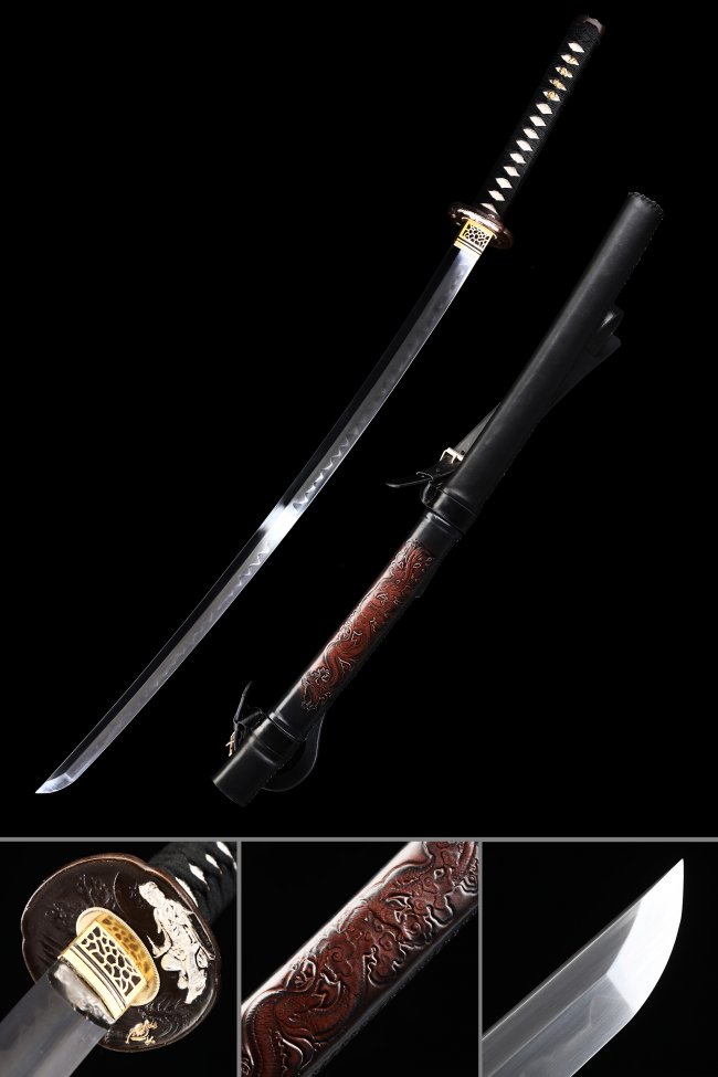 Samurai Tsuba T10 Carbon Steel Katana, Clay Tempered, Real Hamon & Dark Red Dragon Saya