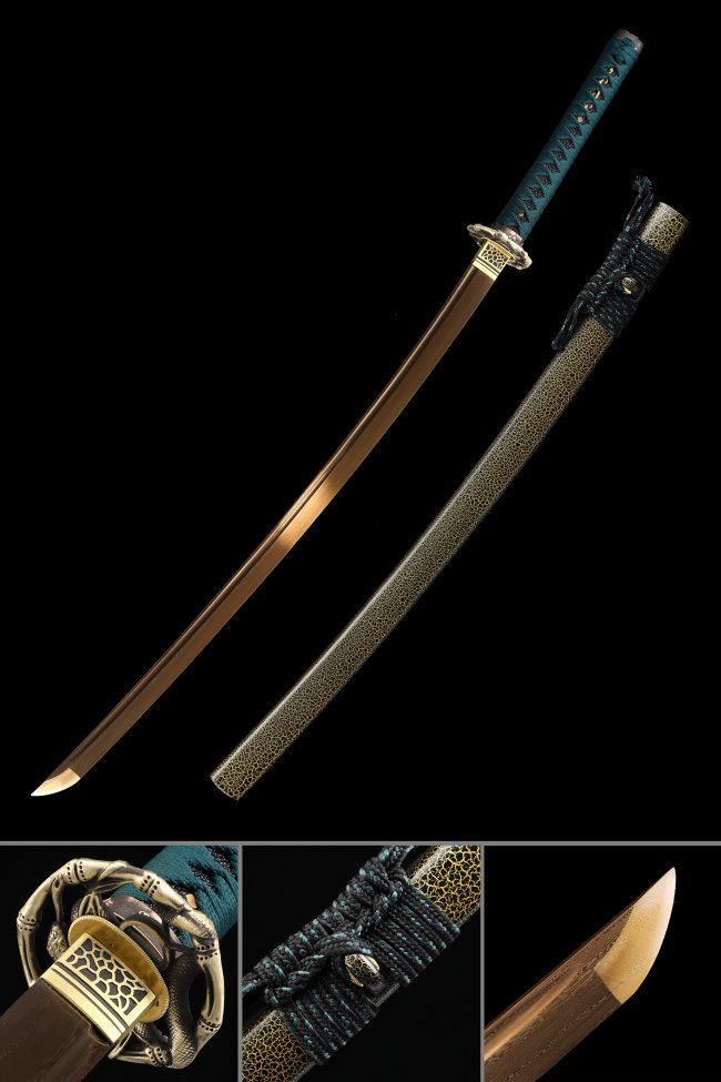 Manganese Steel Katana with Gold Blade, Snake Tsuba & Teal-Wrapped Handle
