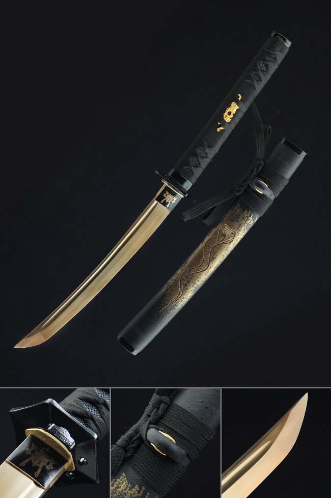 Clay Tempered 1045 Carbon Steel O Tanto with Golden Blade and Engraved Snake Saya in Black