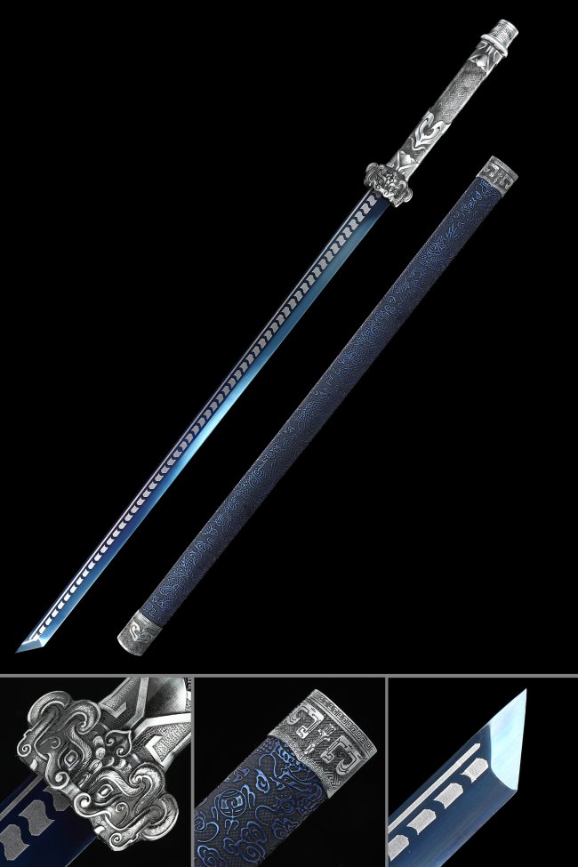1060 Carbon Steel Ninjato with Blue Blade - Dragon-themed Silver Fittings & Dark Blue Saya
