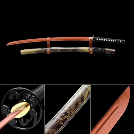 Handmade Rosewood Blade Unsharpened Katana Sword With Cyan Scabbard And Iron Tsuba