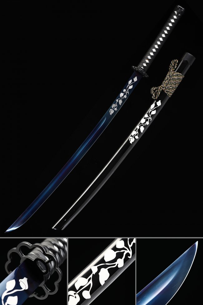 Manganese Steel Blue Blade Katana with White Vine Saya and Flower Tsuba - Full Tang Collectible Sword