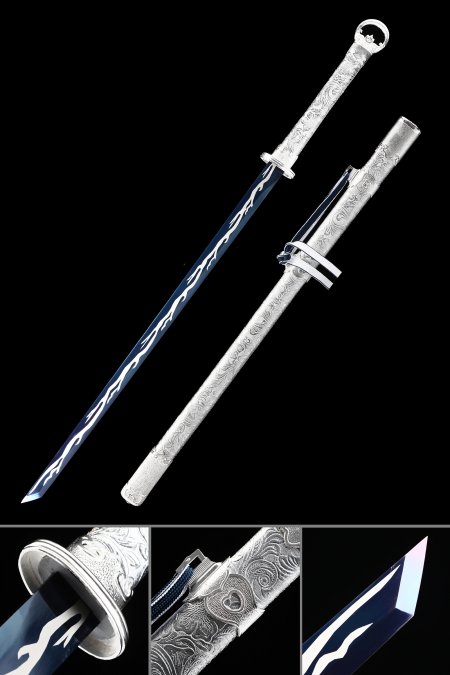 Handmade Modern Ninjato Chokuto Sword High Manganese Steel With Blue Blade And Silver Scabbard
