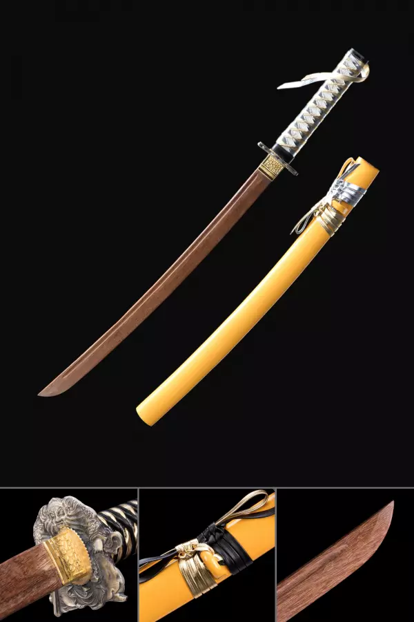 Handmade Wooden Bokken Practice Wakizashi Sword With Yellow Scabbard
