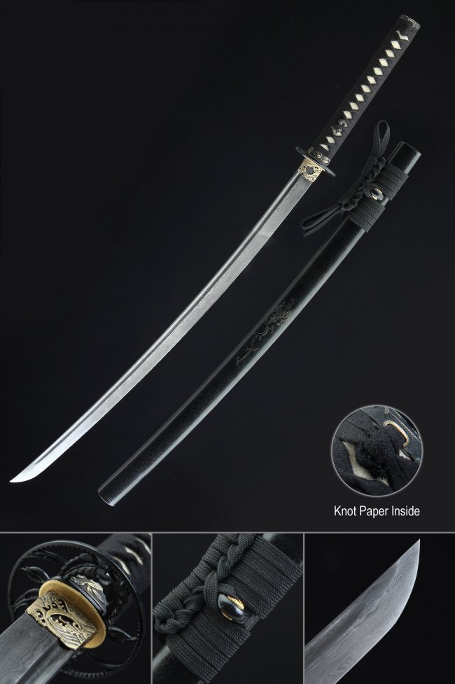 Damascus Steel Full Tang Katana with Black Lacquer Dragon Saya - Gold Scroll Tsuba, Black-White Ito