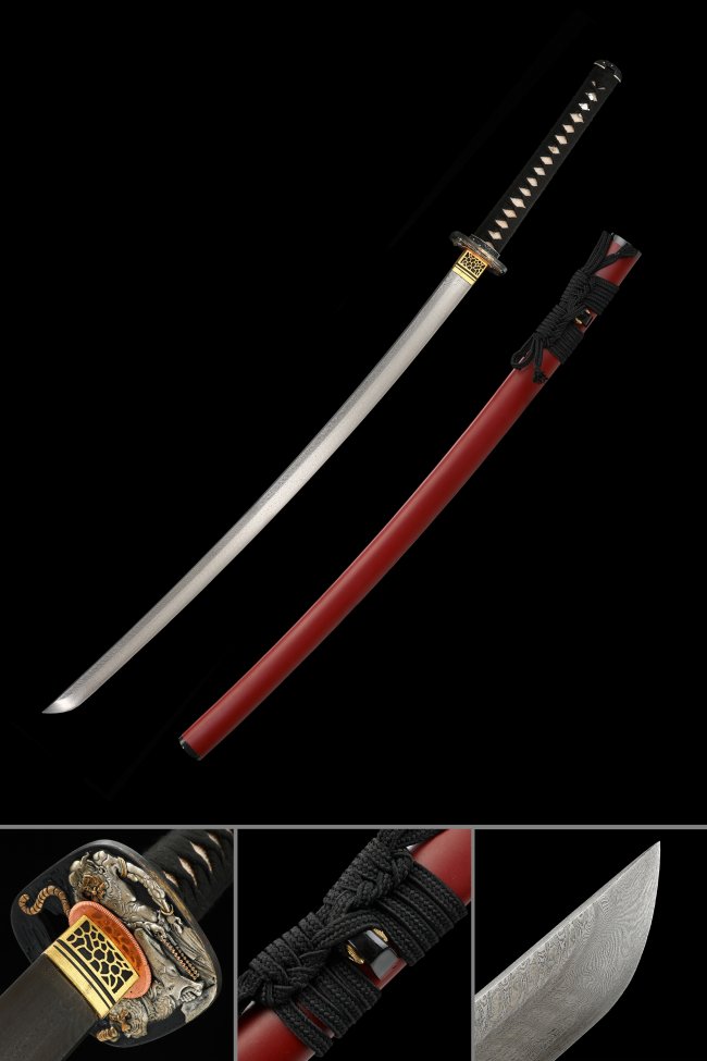 Damascus Steel Katana with Lion Tsuba - Full Tang Blade, Red Lacquer Saya, Black Ito