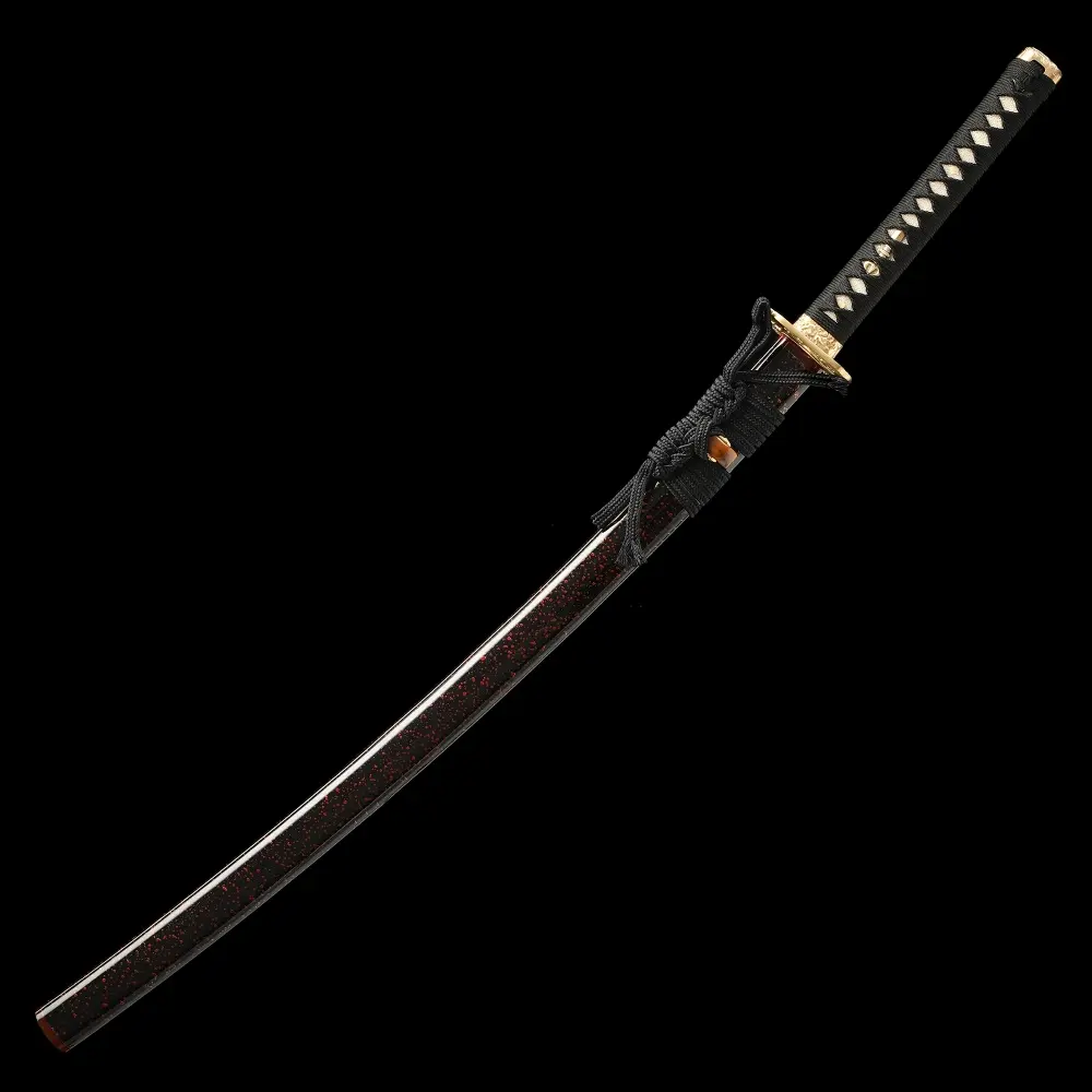 Japanese Sword | Damascus Steel Katana with Gold Lion Tsuba, Black
