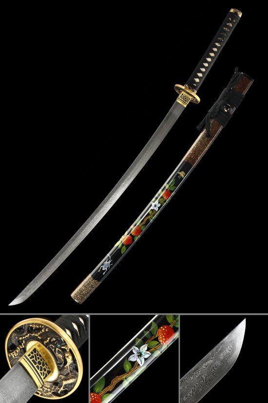 Folded Melaleuca Steel Katana with Hand-Painted Floral Saya - Gold Dragon Tsuba, Black Wrap