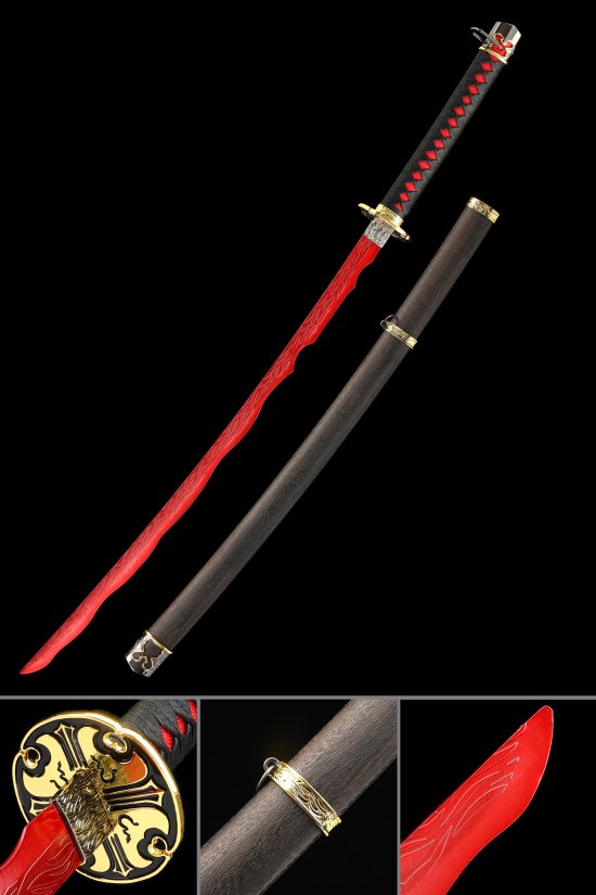 Red Blade Katana - Handmade Raging Fire 1045 Carbon Steel Full Tang Sharp Brown Scabbard