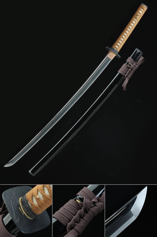 Dragon Tsuba Tamahagane Steel Katana, Clay Tempered, Black Saya & Brown Tsuka