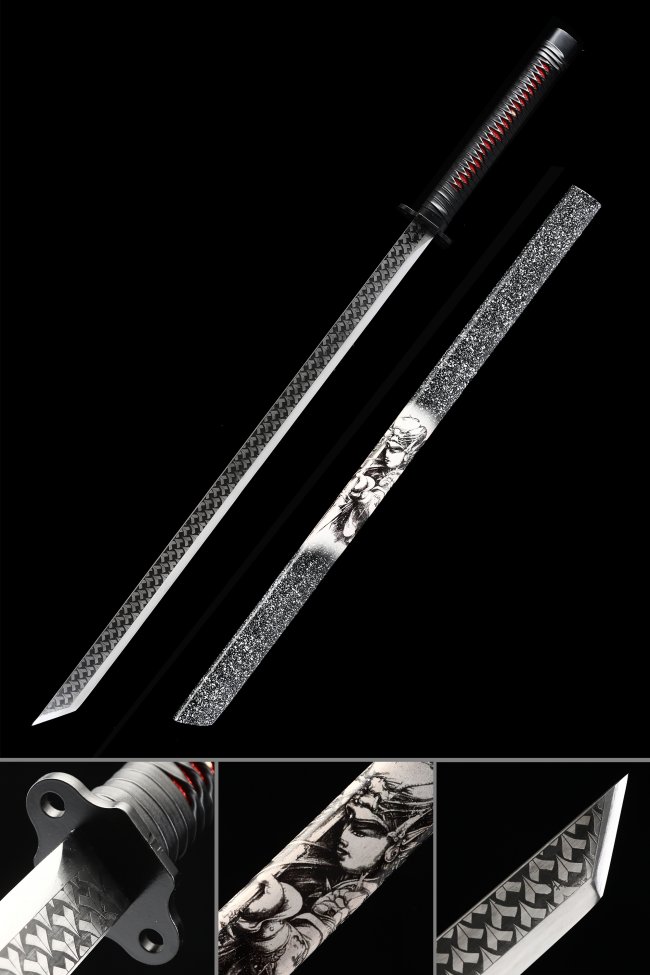 Ninjato Straight Sword High Manganese Steel Full Tang with Warrior Engraving - Black-Red Handle