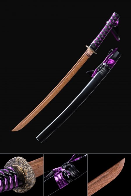 Handmade Wooden Bokken Practice Wakizashi Sword With Black Scabbard