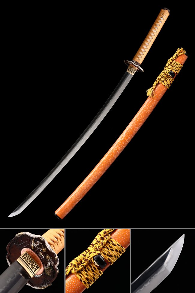Chrysanthemum Tsuba T10 Carbon Steel Katana, Orange Saya & Orange Tsuka
