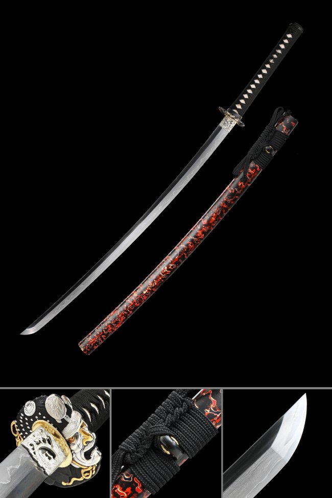 Oni Tsuba Damascus Steel Katana, Real Hamon, Handmade & Black Red Dragon Saya