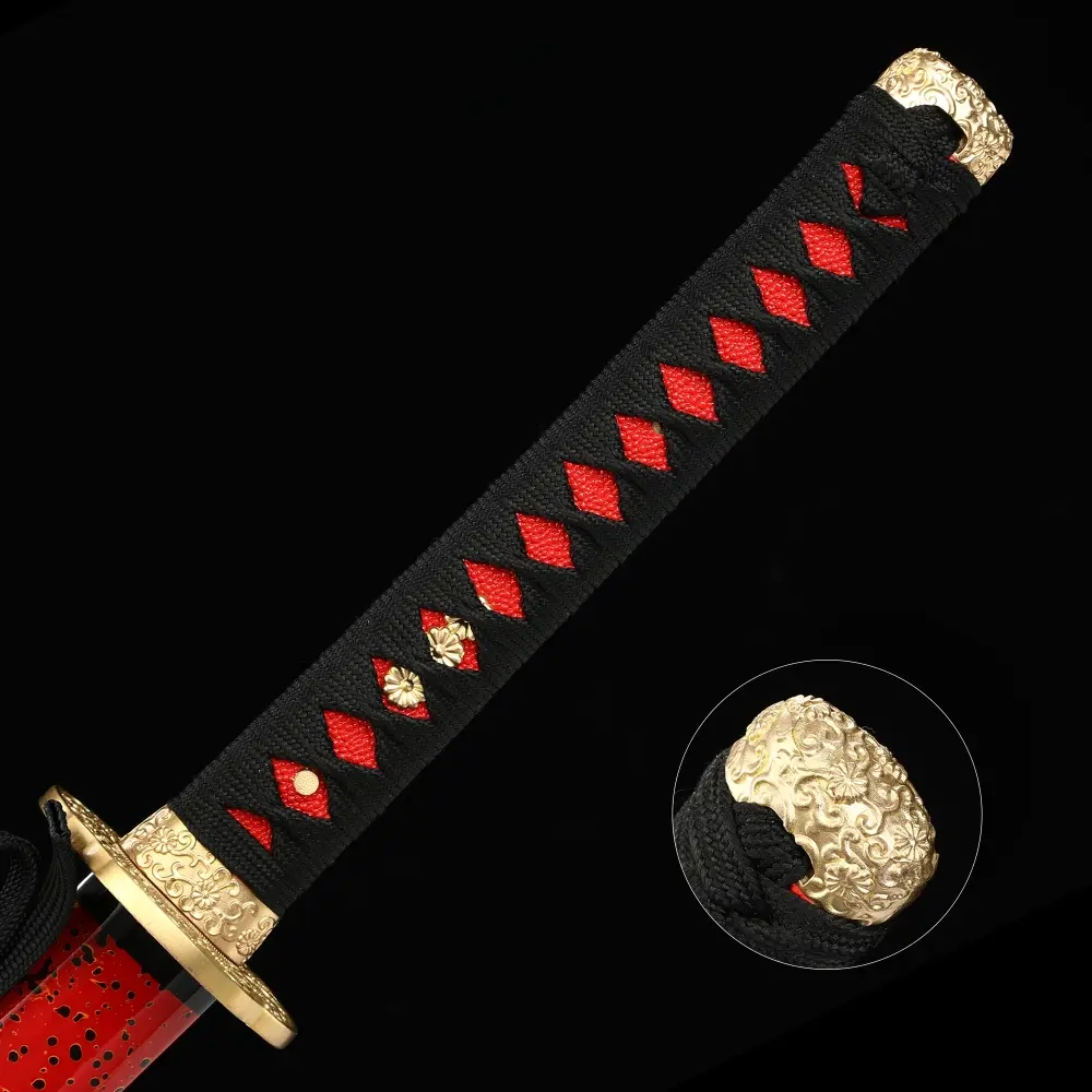Red Katana | 1095 Carbon Steel Red Katana with Gold Chrysanthemum