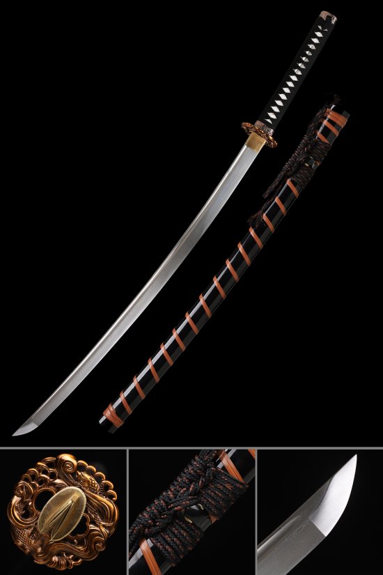 Folded Melaleuca Steel Katana with Gold Koi Tsuba - Black & Orange Lacquered Saya