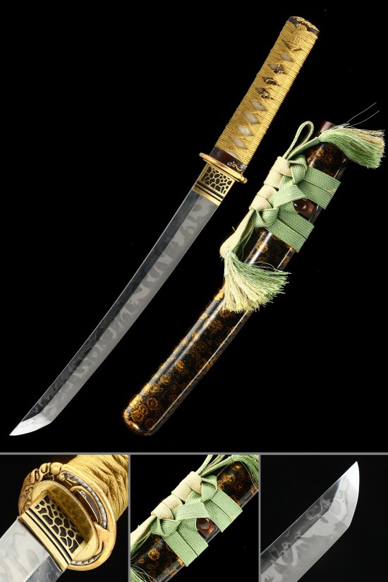T10 Carbon Steel Tanto with Real Hamon - Gold Tsuka, Geometric Gold Tsuba, Black-Gold Lacquer Saya