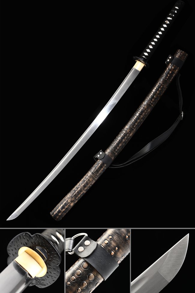 Full Tang 1060 Carbon Steel Katana, Handmade, Brown Black Saya & Black White Tsuka