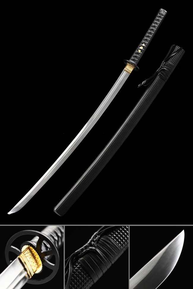 Manganese Steel Katana with Black Leather Saya - Round Iron Tsuba, Black Tsuka