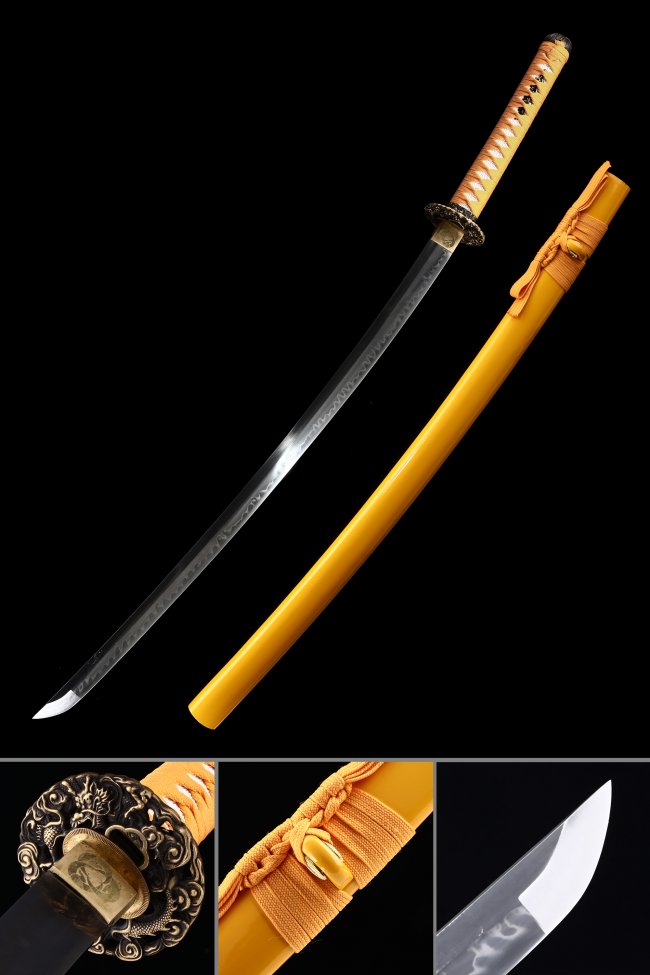T10 Carbon Steel Katana with Real Hamon in Yellow Saya - Dragon Tsuba, Orange Cord Handle