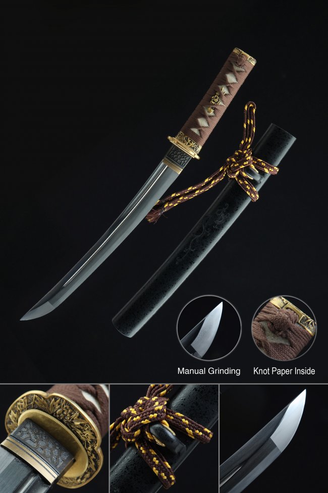 Damascus Steel Tanto with Black Dragon Saya - Brown Tsuka, Gold Flower Tsuba, 22in Blade