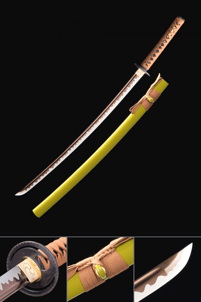 Manganese Steel Katana with Copper Blade, Brown Ito Wrap and Olive Green Lacquer Saya