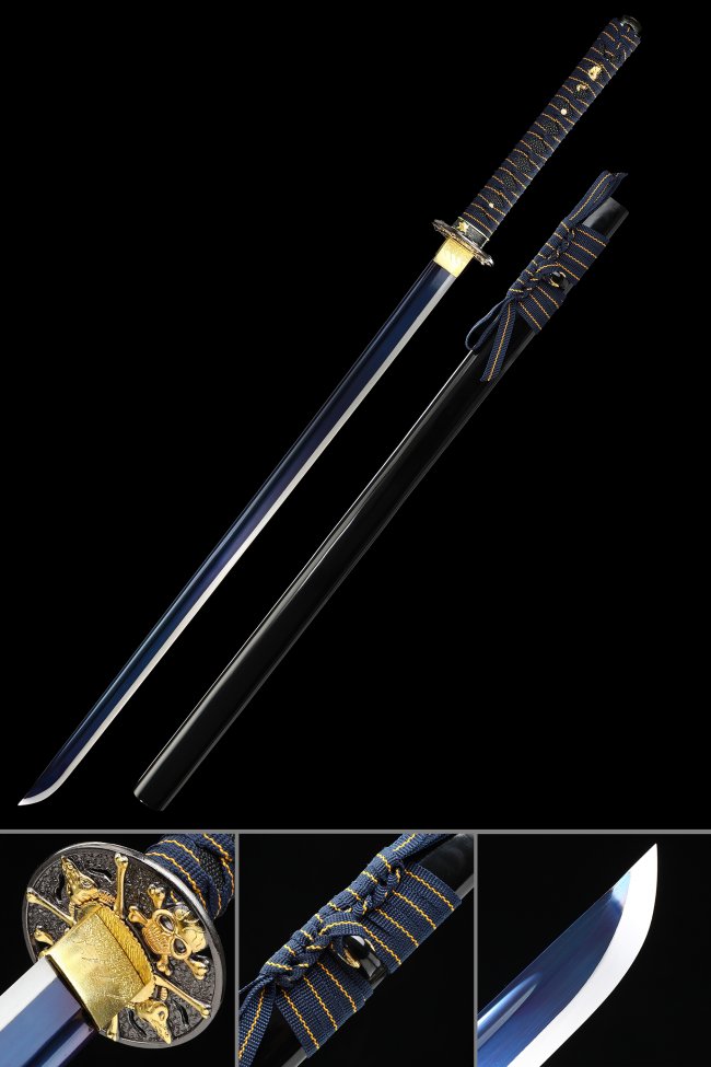 Ninjato in 1095 Carbon Steel with Blue Blade, Skull Tsuba and Dark Blue Lacquered Saya