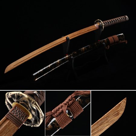 Handmade Japanese Wooden Unsharp Katana With Brown Blade And Black Scabbard