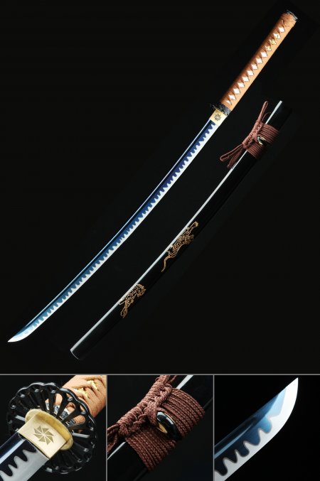 Handmade High Manganese Steel Blue Blade Real Japanese Katana Samurai Sword With Black Scabbard
