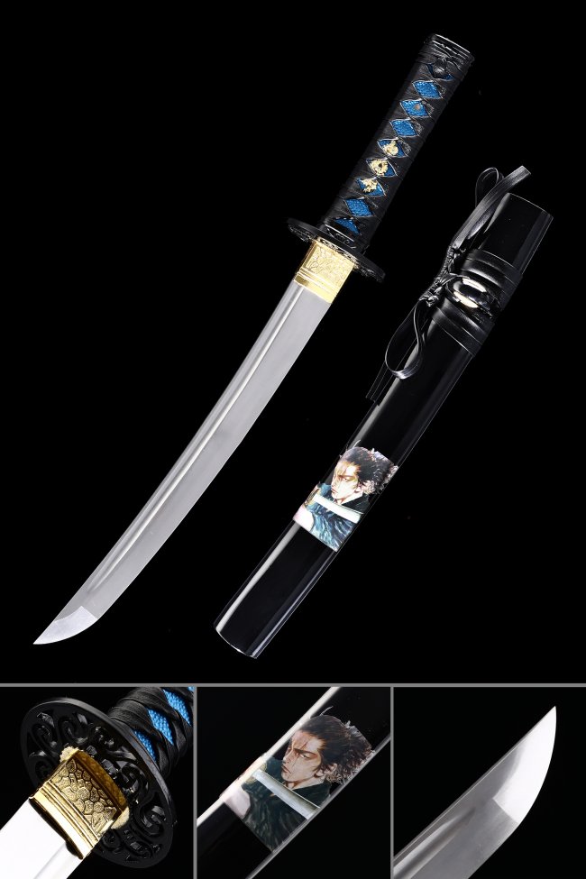 Manganese Steel Tanto with Black Lacquer Saya - Rurouni Kenshin Anime Print, Blue Samegawa Handle