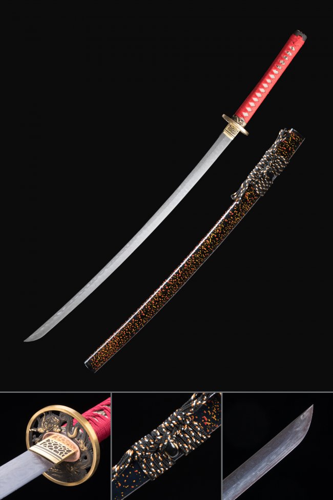 Damascus Steel Katana with Red Cord Handle, Gold Dragon Tsuba in Black-Orange Dragon Saya
