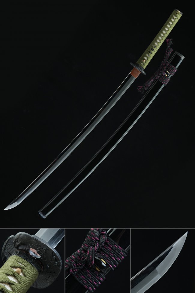 Tamahagane Steel Katana with Hamon, Black Lacquer Saya - Light Green Tsuka, Dragon Tsuba