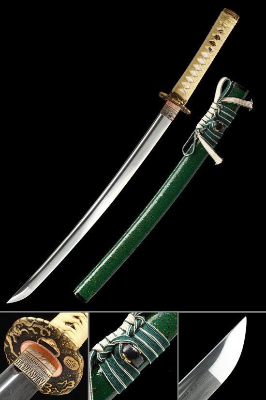 Damascus Steel Wakizashi in Green Lacquer Saya - Dragon Tsuba, Beige Ito, 28.74" Blade