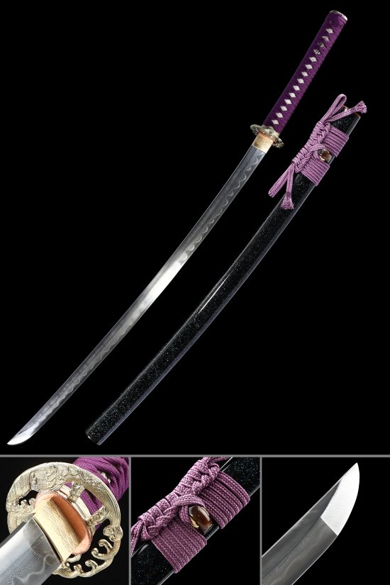 Damascus Steel Katana with Visible Hamon, Purple Ito & Black Glitter Lacquer Saya