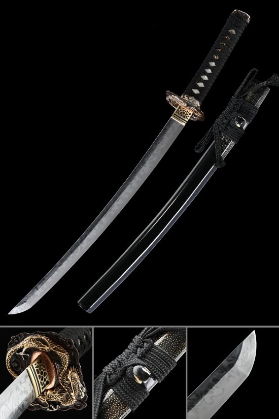 T10 Carbon Steel Wakizashi with Dragon Tsuba in Black & Gold - Hamon Blade