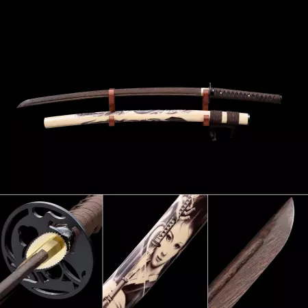 Handmade Brown Wooden Blade Unsharpened Katana Samurai Sword With Natural Scabbard And Iron Tsuba