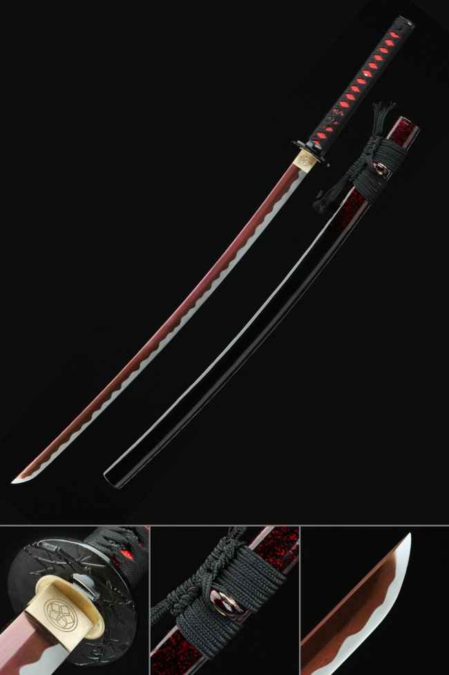 Clay Tempered Manganese Steel Katana with Red Blade in Black Piano Lacquer Saya - Gold Copper Tsuba