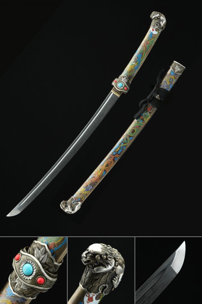 Damascus Pattern Steel Wakizashi with Dragon Saya, Lion Pommel & Gemstone Tsuba - 31in Replica