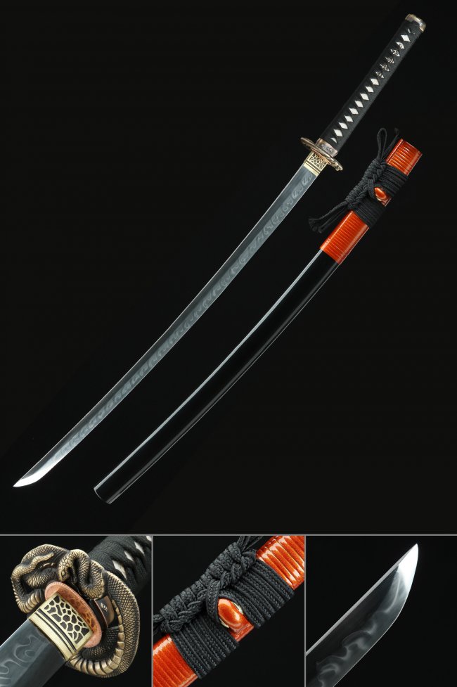 T10 Carbon Steel Katana with Dragon Engraving, Snake Tsuba in Black & Orange Koshirae