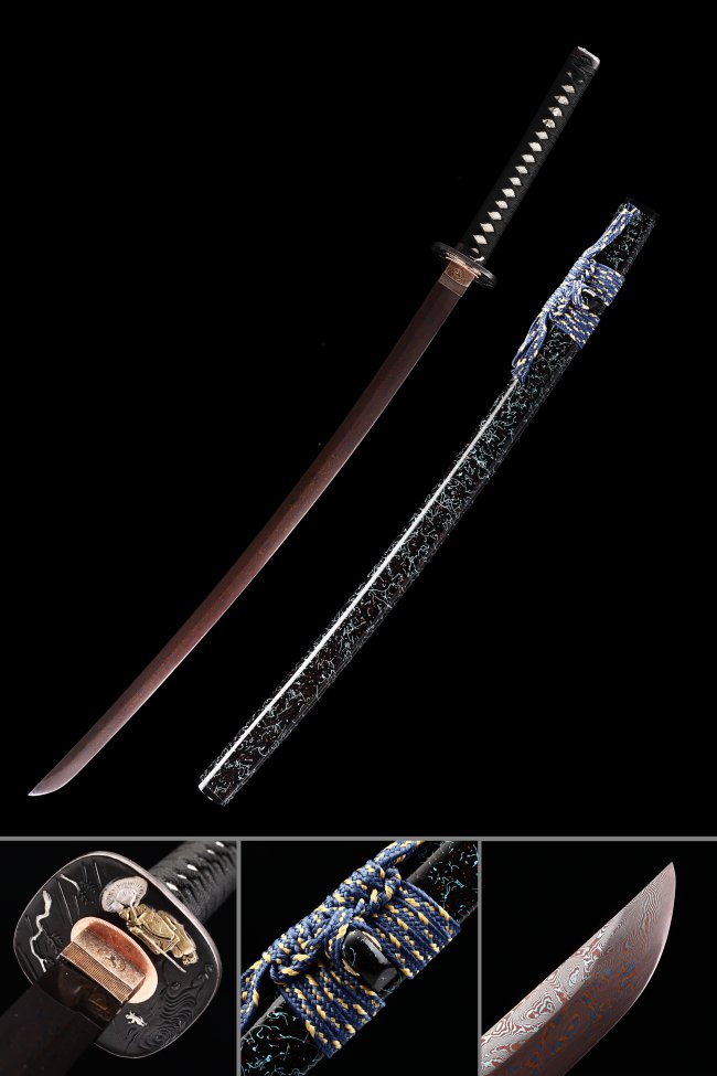 Damascus Steel Katana with Dark Red Blade in Black Lacquer Saya - Blue-Gold Sageo