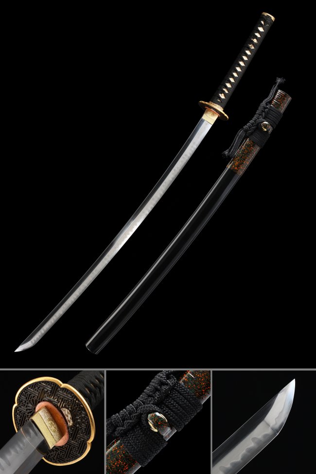 T10 Carbon Steel Katana with Real Hamon, Gold Tsuba - Black Lacquer Saya, Full Tang