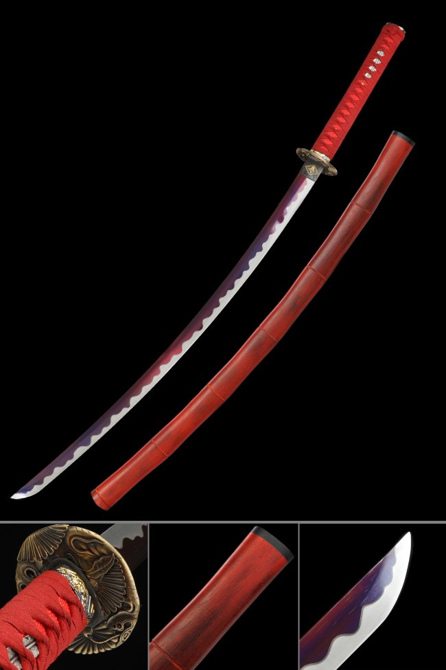 1060 Carbon Steel Katana with Purple Blade in Red Bamboo-Style Saya - Phoenix Bronze Tsuba