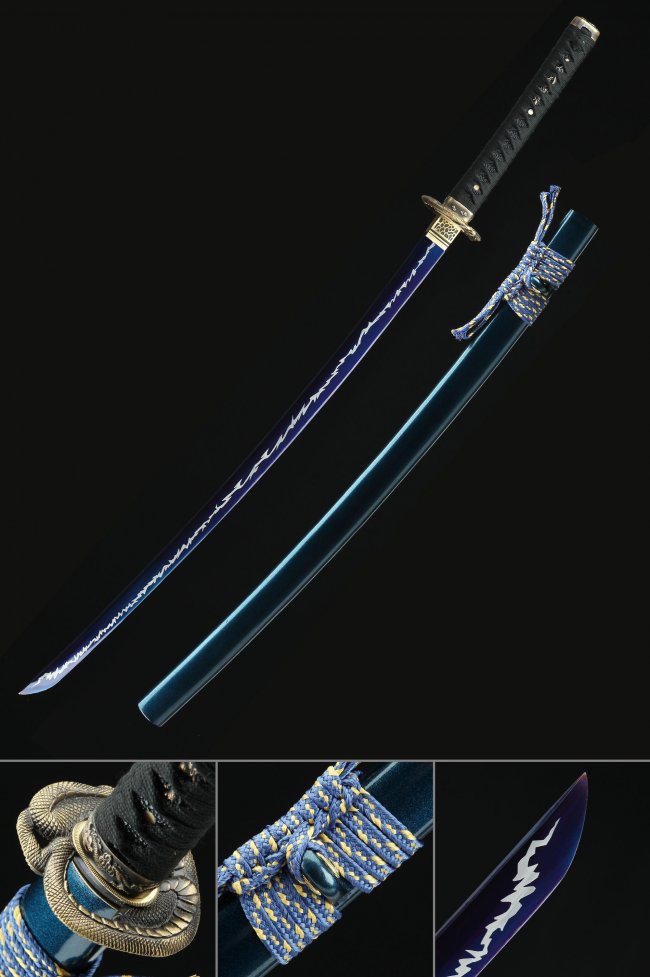 Blue Blade Katana 1095 Carbon Steel with Lightning Engraving, Dragon Tsuba & Teal Saya