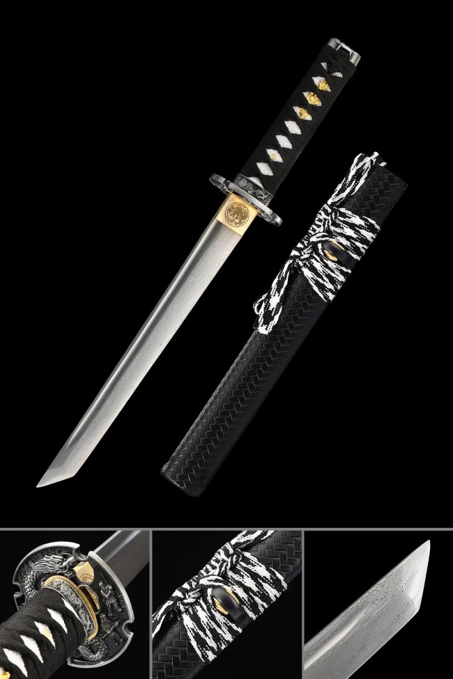 T10 Steel Tanto with Damascus Pattern and Dragon Tsuba in Black with Gold Accents
