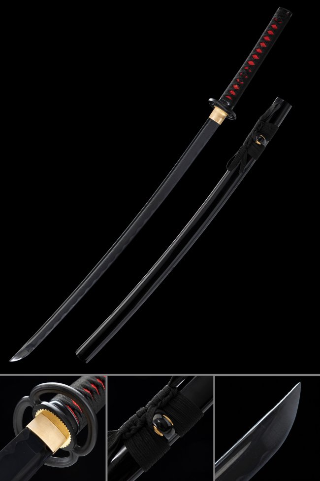 1060 Carbon Steel Katana with Black Blade, Musashi Tsuba in Black-Red Tsuka Wrap