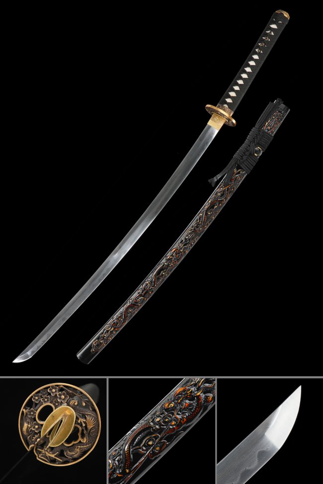 Damascus Steel Katana with Black Dragon-Carved Saya - Gold Plum Blossom Tsuba, Black Cord Handle