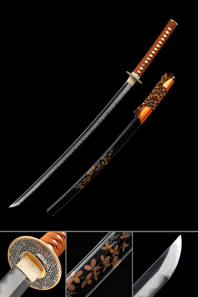 Damascus Folded Steel Katana with Real Hamon - Gold Geometric Tsuba, Orange Ito & Floral Black Saya