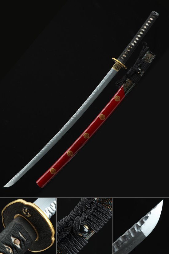 Folded Melaleuca Steel Katana with Red Lacquered Hardwood Saya - Black-Gold Tsuba, Full Tang