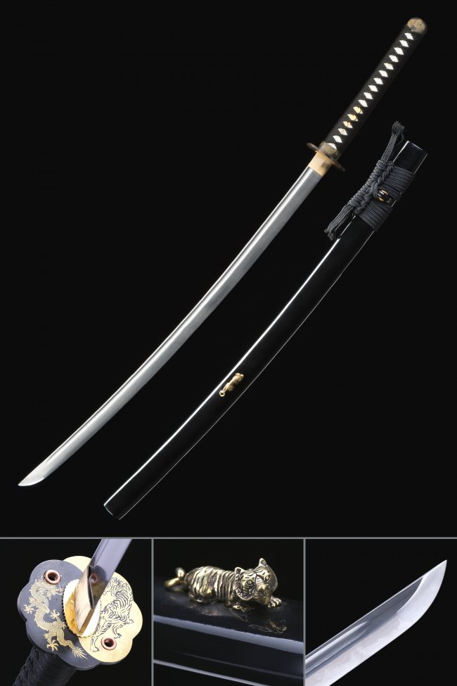 Black Katana with Tiger & Dragon Copper Tsuba - 1060 Carbon Steel, Piano Lacquer Saya