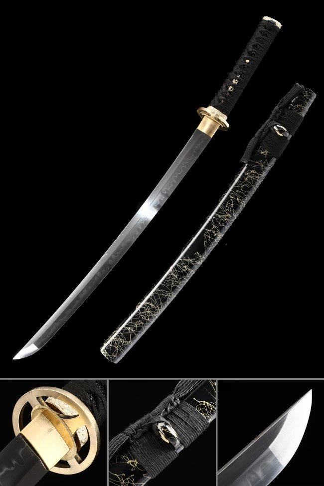 T10 Steel Wakizashi with Real Hamon - Black Saya, Gold Vine Pattern & Gold Tsuba